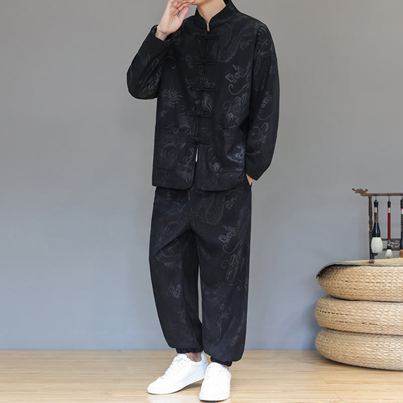 Buddha Stones 2点セット 秋冬 メンズ 唐装 ドラゴン カエルボタン コットン コーデュロイ 長袖 ジャケット パンツ セット ポケット付き - image 16