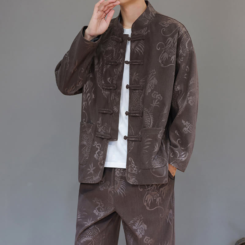 Buddha Stones 2点セット 秋冬 メンズ 唐装 ドラゴン カエルボタン コットン コーデュロイ 長袖 ジャケット パンツ セット ポケット付き - image 8