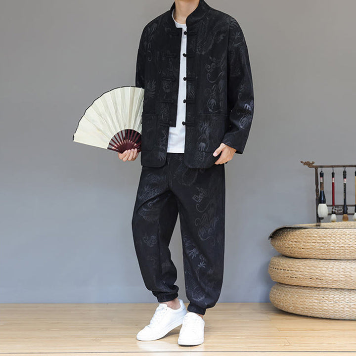 Buddha Stones 2点セット 秋冬 メンズ 唐装 ドラゴン カエルボタン コットン コーデュロイ 長袖 ジャケット パンツ セット ポケット付き - image 17