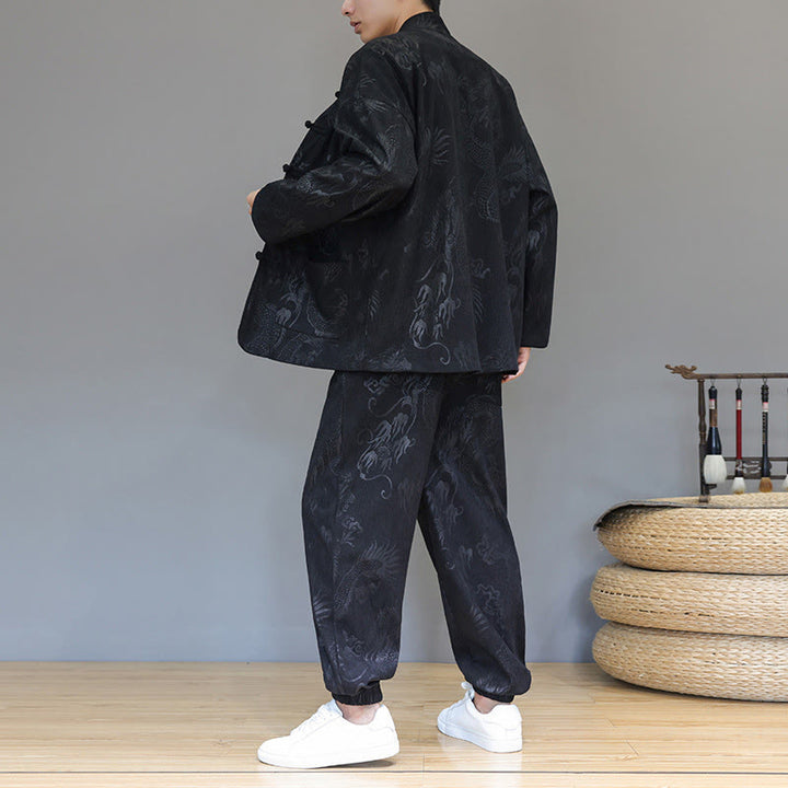 Buddha Stones 2点セット 秋冬 メンズ 唐装 ドラゴン カエルボタン コットン コーデュロイ 長袖 ジャケット パンツ セット ポケット付き - image 15