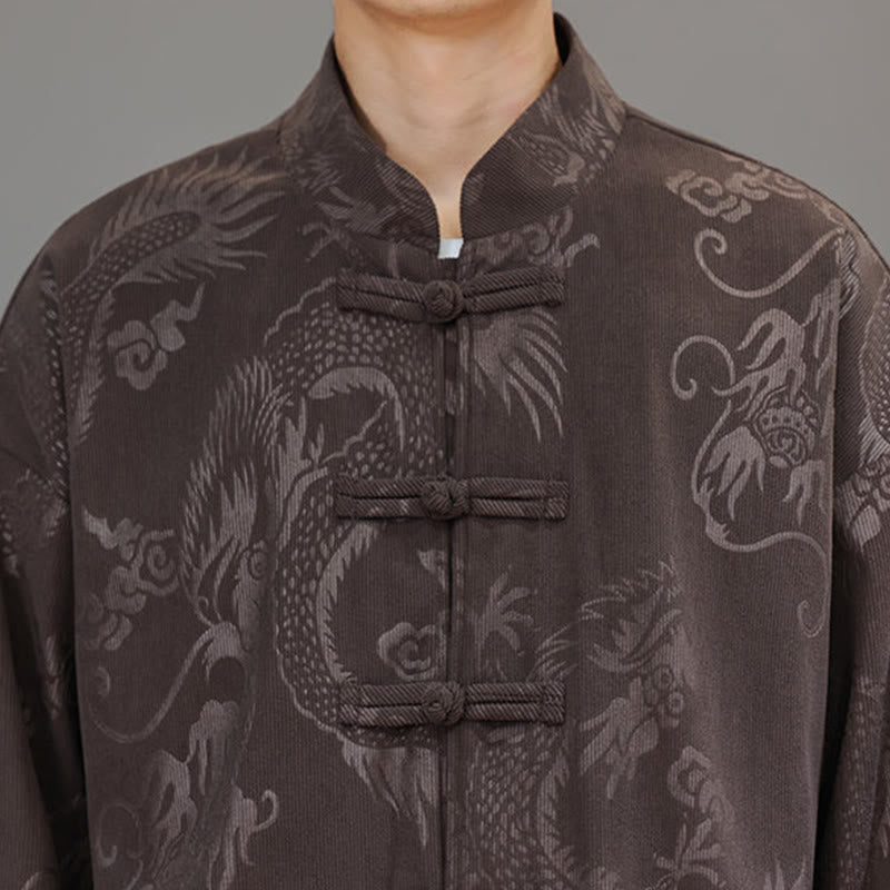 Buddha Stones 2点セット 秋冬 メンズ 唐装 ドラゴン カエルボタン コットン コーデュロイ 長袖 ジャケット パンツ セット ポケット付き - image 9