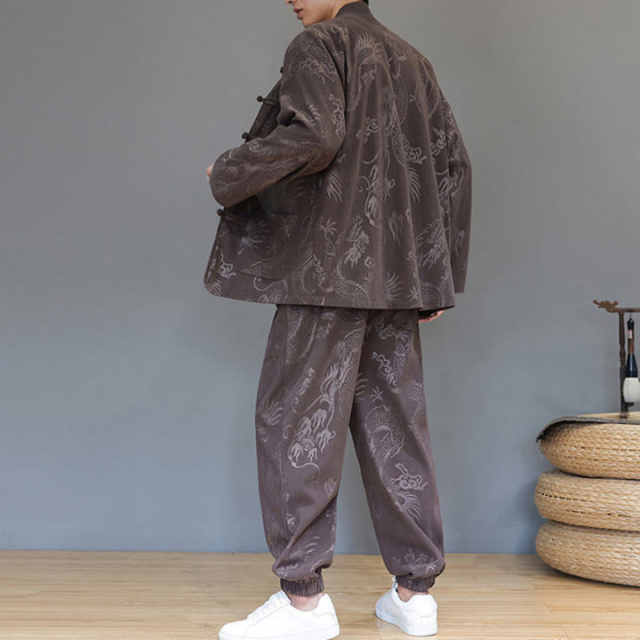 Buddha Stones 2点セット 秋冬 メンズ 唐装 ドラゴン カエルボタン コットン コーデュロイ 長袖 ジャケット パンツ セット ポケット付き - image 3