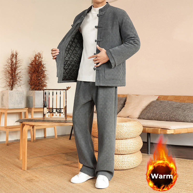 Buddha Stones 2点セット 冬用 無地 メンズ 唐装 カエルボタン コットン 長袖 ジャケット パンツ セット ポケット付き - image 1