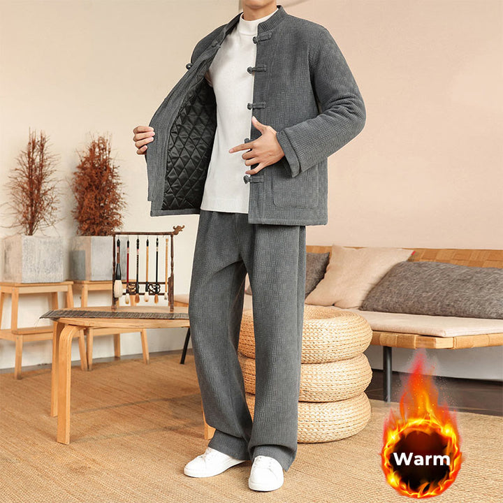 Buddha Stones 2点セット 冬用 無地 メンズ 唐装 カエルボタン コットン 長袖 ジャケット パンツ セット ポケット付き - image 1