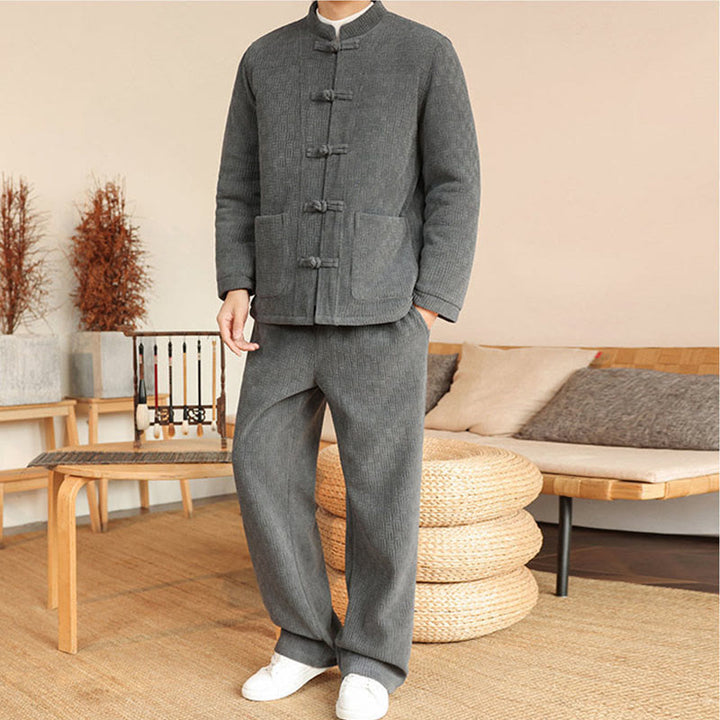 Buddha Stones 2点セット 冬用 無地 メンズ 唐装 カエルボタン コットン 長袖 ジャケット パンツ セット ポケット付き - image 4