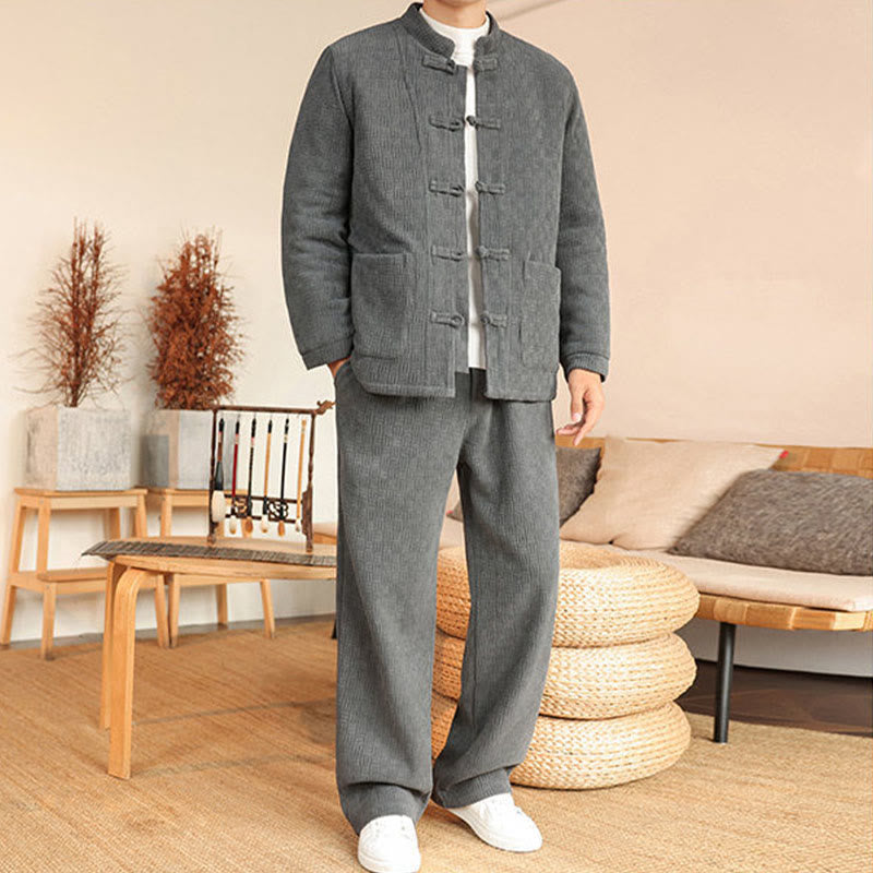 Buddha Stones 2点セット 冬用 無地 メンズ 唐装 カエルボタン コットン 長袖 ジャケット パンツ セット ポケット付き - image 2
