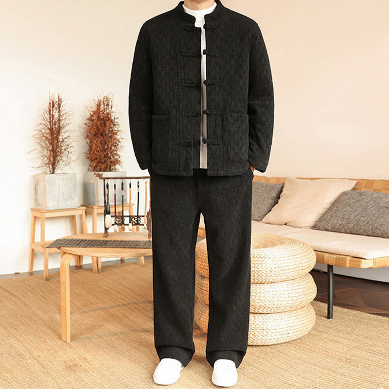 Buddha Stones 2点セット 冬用 無地 メンズ 唐装 カエルボタン コットン 長袖 ジャケット パンツ セット ポケット付き - 黒 - US/UK/AU46、 EU56 (5XL) - image 17