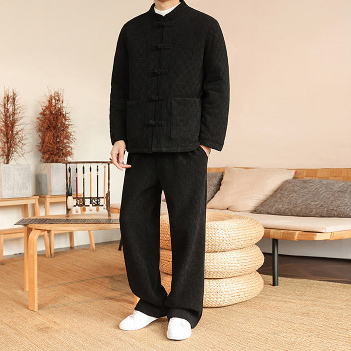 Buddha Stones 2点セット 冬用 無地 メンズ 唐装 カエルボタン コットン 長袖 ジャケット パンツ セット ポケット付き - image 22