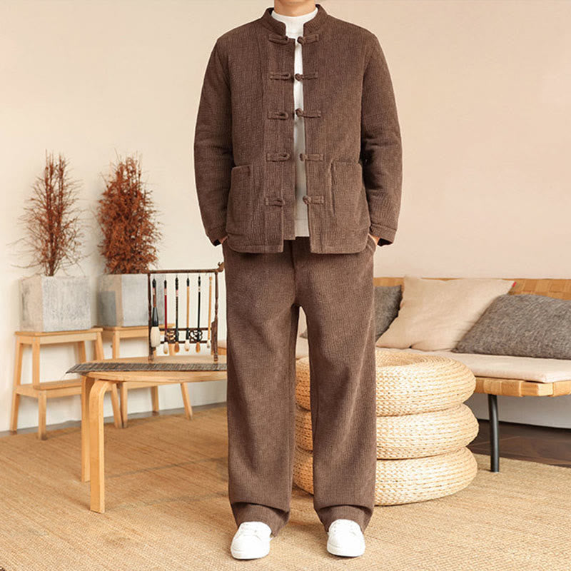 Buddha Stones 2点セット 冬用 無地 メンズ 唐装 カエルボタン コットン 長袖 ジャケット パンツ セット ポケット付き - ペルー - US/UK/AU46、 EU56 (5XL) - image 25