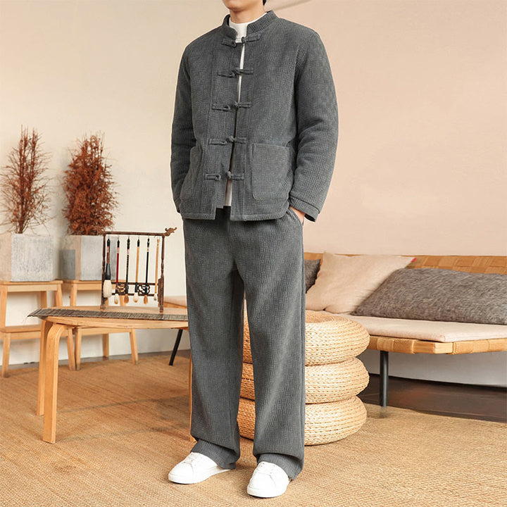 Buddha Stones 2点セット 冬用 無地 メンズ 唐装 カエルボタン コットン 長袖 ジャケット パンツ セット ポケット付き - image 7