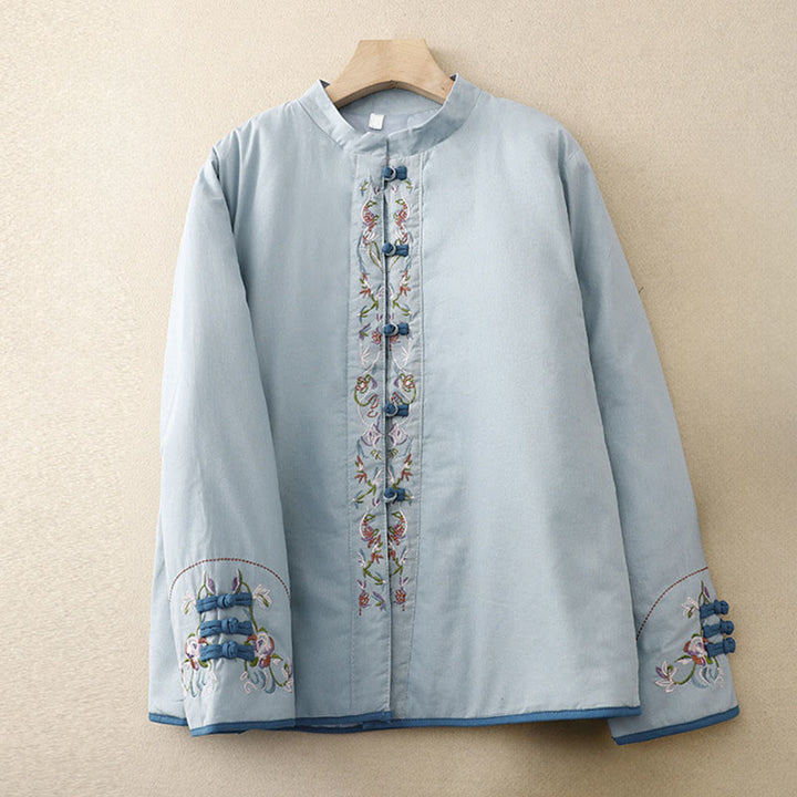 Buddha Stones冬 花刺繍 カエルボタン 長袖 レディース サーマルジャケット - ライトブルー - US12、 UK/AU16、 EU44 (3XL) - image 1