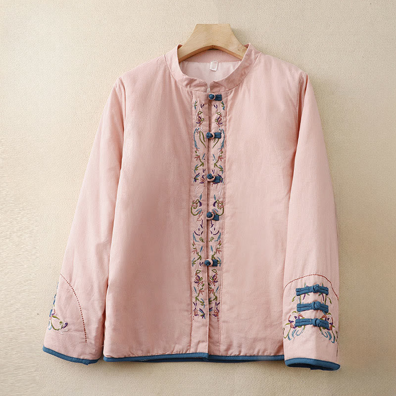 Buddha Stones冬 花刺繍 カエルボタン 長袖 レディース サーマルジャケット - ピンク - US12、 UK/AU16、 EU44 (3XL) - image 7