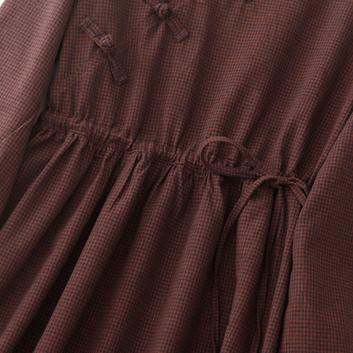 Buddha Stones秋 ブラウン チェック柄 スタンドカラー フロッグボタンデザイン 長袖 ミディドレス ポケット付き - image 5
