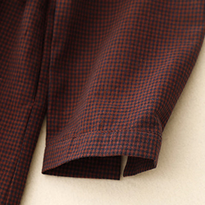 Buddha Stones秋 ブラウン チェック柄 スタンドカラー フロッグボタンデザイン 長袖 ミディドレス ポケット付き - image 9