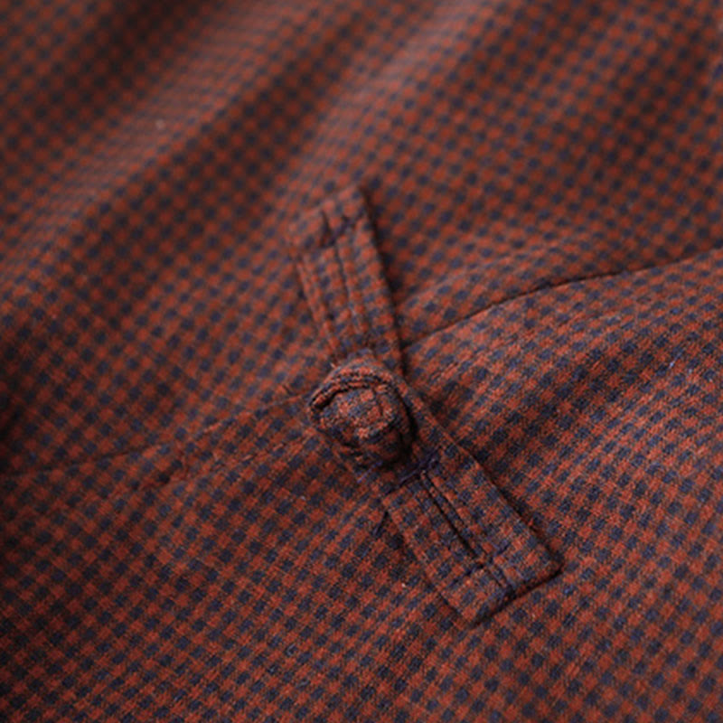 Buddha Stones秋 ブラウン チェック柄 スタンドカラー フロッグボタンデザイン 長袖 ミディドレス ポケット付き - image 3