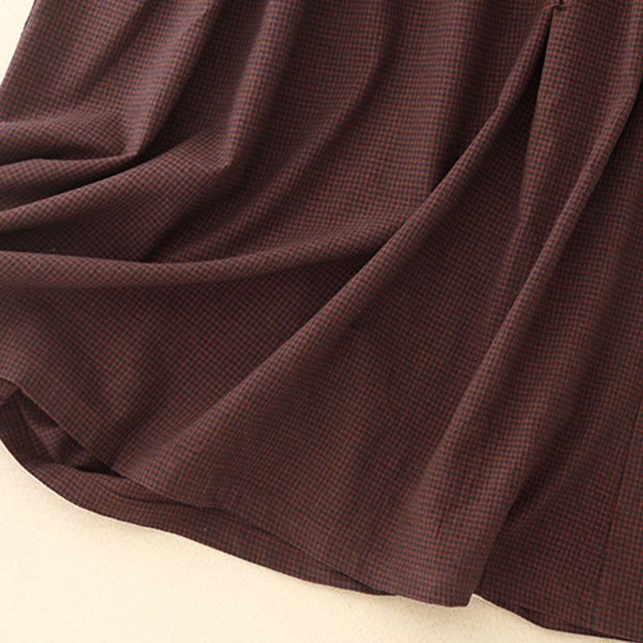 Buddha Stones秋 ブラウン チェック柄 スタンドカラー フロッグボタンデザイン 長袖 ミディドレス ポケット付き - image 10