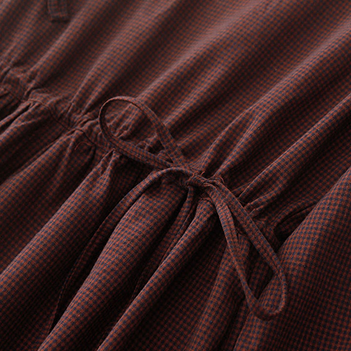 Buddha Stones秋 ブラウン チェック柄 スタンドカラー フロッグボタンデザイン 長袖 ミディドレス ポケット付き - image 7