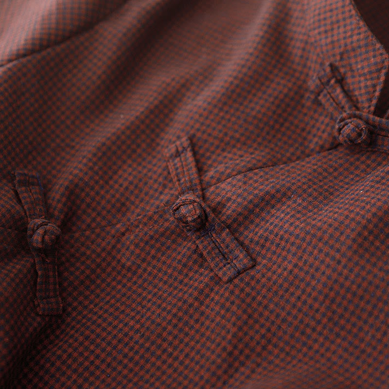 Buddha Stones秋 ブラウン チェック柄 スタンドカラー フロッグボタンデザイン 長袖 ミディドレス ポケット付き - image 4