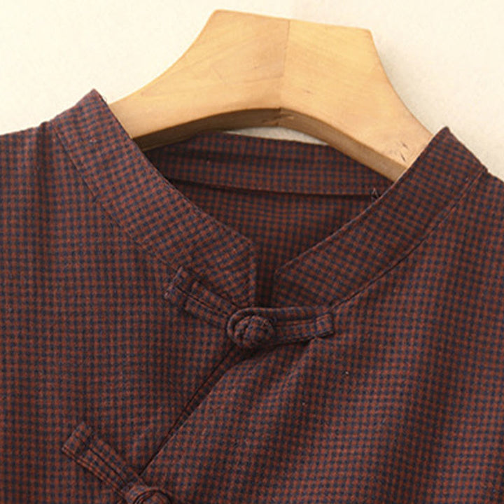 Buddha Stones秋 ブラウン チェック柄 スタンドカラー フロッグボタンデザイン 長袖 ミディドレス ポケット付き - image 2