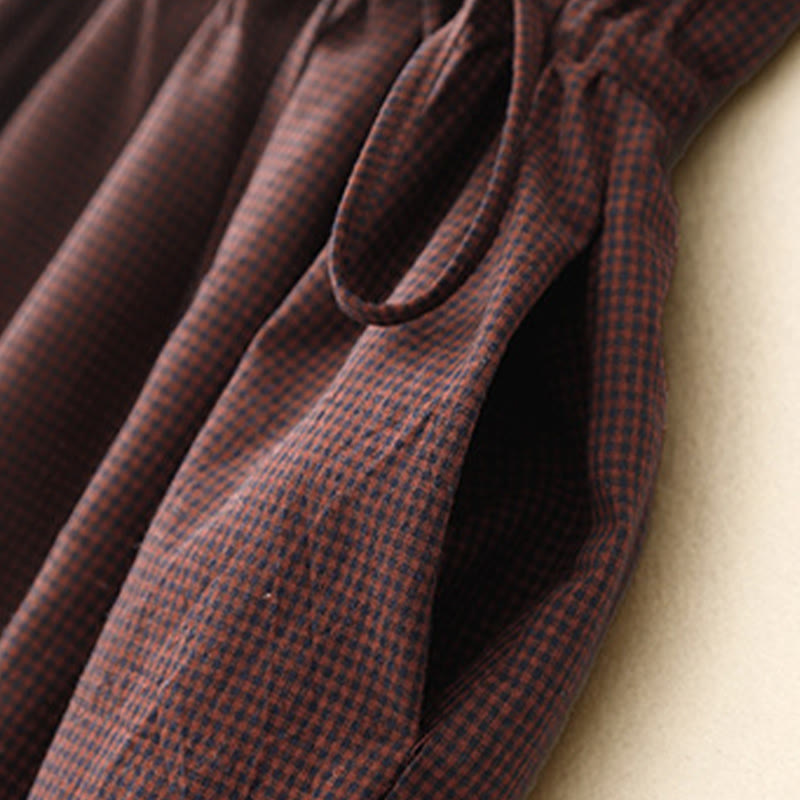 Buddha Stones秋 ブラウン チェック柄 スタンドカラー フロッグボタンデザイン 長袖 ミディドレス ポケット付き - image 8