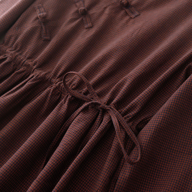 Buddha Stones秋 ブラウン チェック柄 スタンドカラー フロッグボタンデザイン 長袖 ミディドレス ポケット付き - image 6