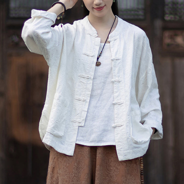 Buddha Stones秋 ジャカード レディース フロッグボタン 長袖シャツ パンツ コットンリネン 衣類 - 白いシャツ - US4-6、 UK/AU8-10、 EU36-38 (F) - image 13