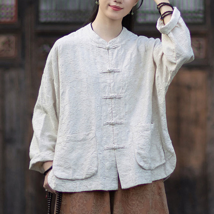 Buddha Stones秋 ジャカード レディース フロッグボタン 長袖シャツ パンツ コットンリネン 衣類 - ベージュのシャツ - US4-6、 UK/AU8-10、 EU36-38 (F) - image 22