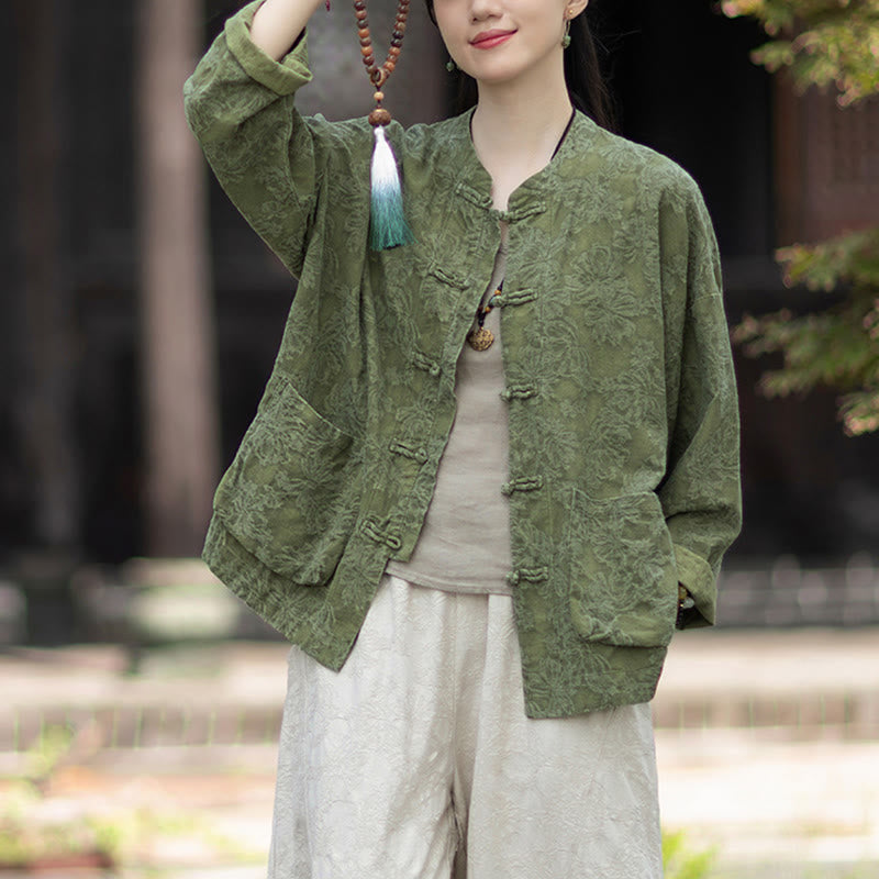 Buddha Stones秋 ジャカード レディース フロッグボタン 長袖シャツ パンツ コットンリネン 衣類 - image 4