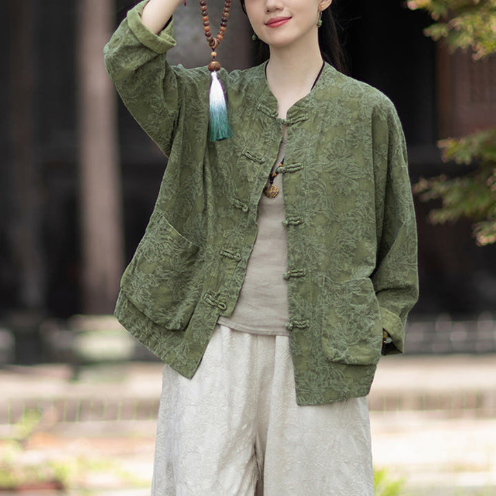 Buddha Stones秋 ジャカード レディース フロッグボタン 長袖シャツ パンツ コットンリネン 衣類 - image 4