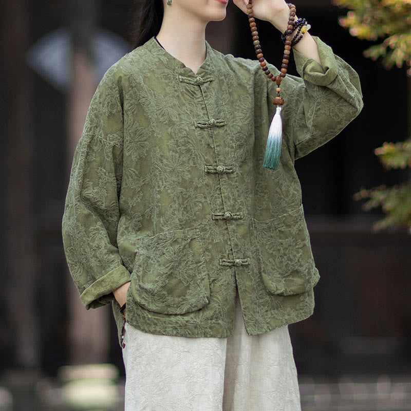 Buddha Stones秋 ジャカード レディース フロッグボタン 長袖シャツ パンツ コットンリネン 衣類 - image 3