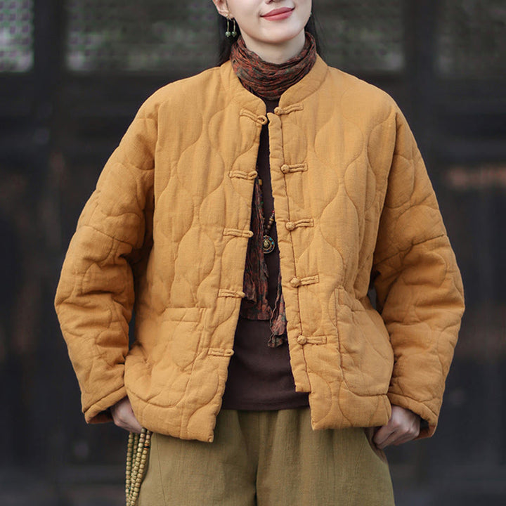 Buddha Stones冬用 カーブライン カエルボタン ラミーコットン 長袖 レディース サーマルジャケット ポケット付き - image 1