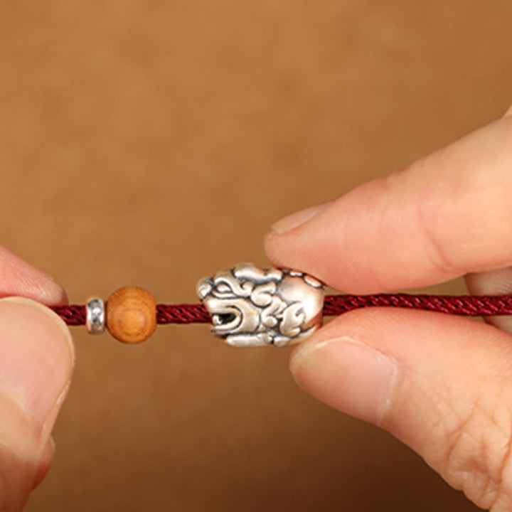 Buddha Stones 999スターリングシルバーPiXiuチャーム ピーチウッドビーズ ハンドメイドストリング編み込み幸運ブレスレットアンクレット - image 5