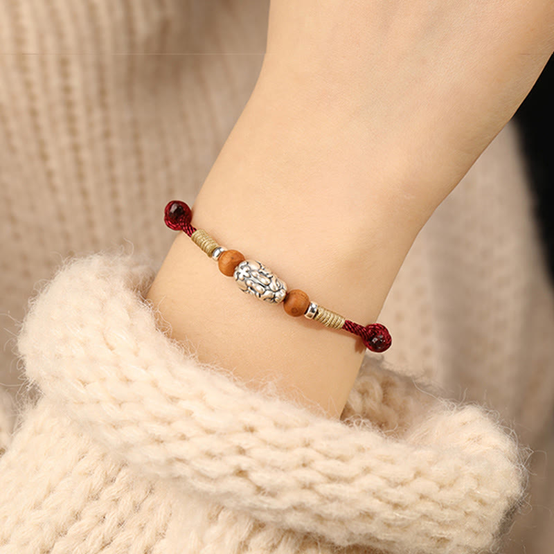 Buddha Stones 999スターリングシルバーPiXiuチャーム ピーチウッドビーズ ハンドメイドストリング編み込み幸運ブレスレットアンクレット - image 10