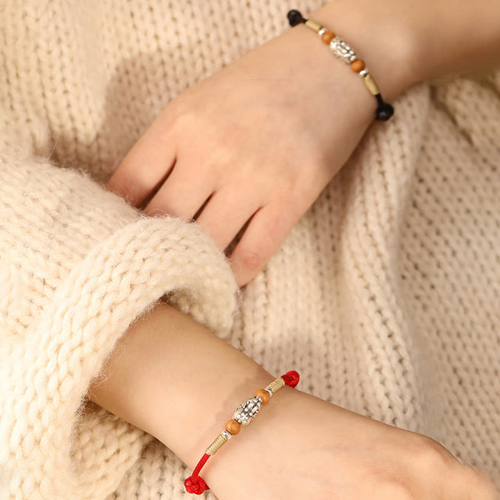 Buddha Stones 999スターリングシルバーPiXiuチャーム ピーチウッドビーズ ハンドメイドストリング編み込み幸運ブレスレットアンクレット - image 19