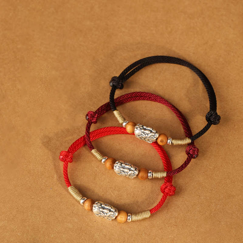 Buddha Stones 999スターリングシルバーPiXiuチャーム ピーチウッドビーズ ハンドメイドストリング編み込み幸運ブレスレットアンクレット - image 22