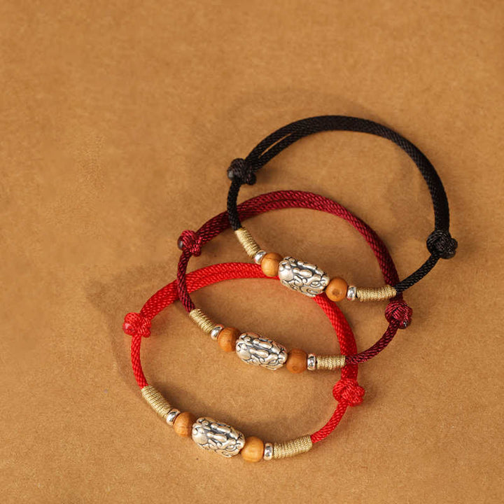 Buddha Stones 999スターリングシルバーPiXiuチャーム ピーチウッドビーズ ハンドメイドストリング編み込み幸運ブレスレットアンクレット - image 22