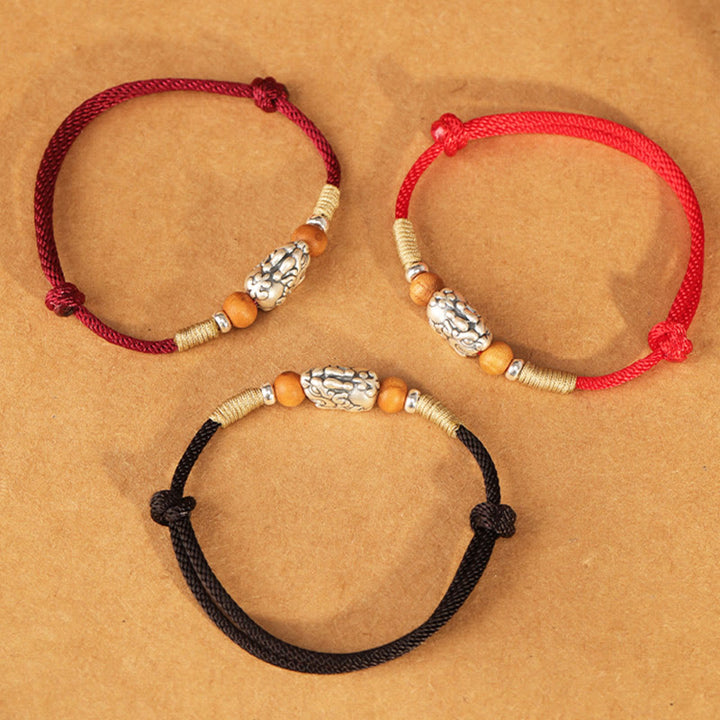 Buddha Stones 999スターリングシルバーPiXiuチャーム ピーチウッドビーズ ハンドメイドストリング編み込み幸運ブレスレットアンクレット - image 24