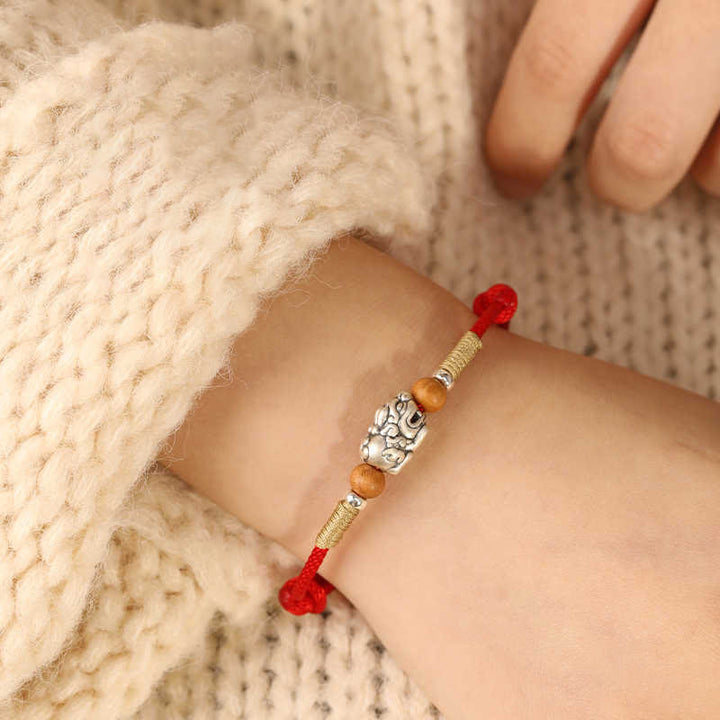 Buddha Stones 999スターリングシルバーPiXiuチャーム ピーチウッドビーズ ハンドメイドストリング編み込み幸運ブレスレットアンクレット - image 17