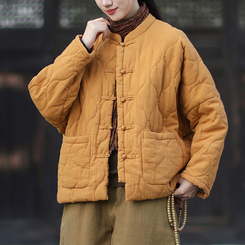 Buddha Stones冬用 カーブライン カエルボタン ラミーコットン 長袖 レディース サーマルジャケット ポケット付き - image 3