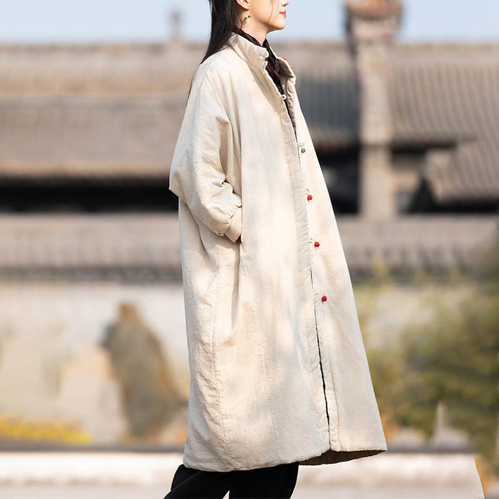 Buddha Stones冬用 無地 フロッグボタン ラミーコットン レディース 長袖 保温コート ポケット付き - image 3