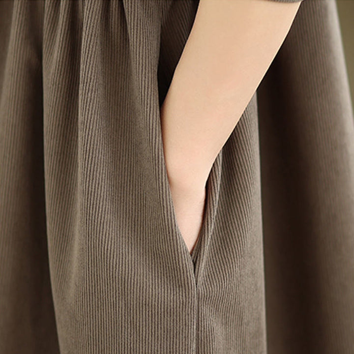 Buddha Stones冬用プリーツボタンダウン 長袖コーデュロイ レディース ミディドレス ポケット付き - image 9