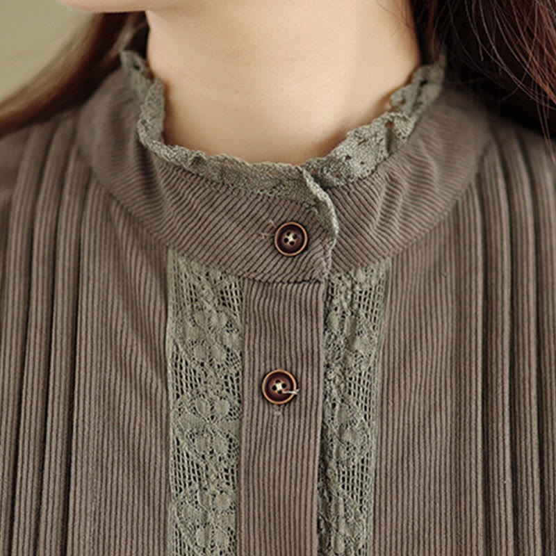 Buddha Stones冬用プリーツボタンダウン 長袖コーデュロイ レディース ミディドレス ポケット付き - image 7