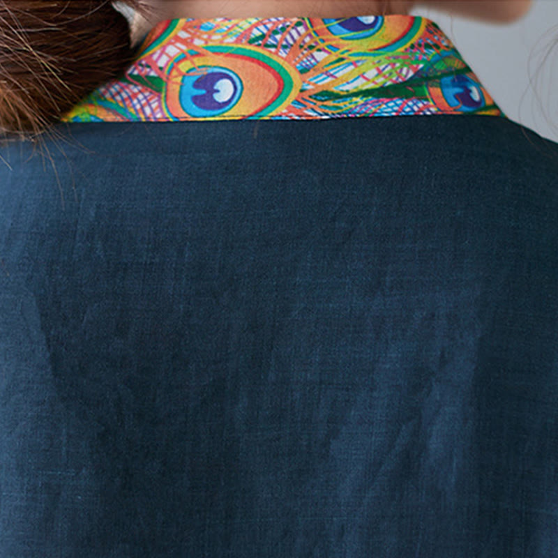 Buddha Stones、秋のカラフルな孔雀、曼荼羅、カエルボタン、七分袖コットン、レディースミディドレス - image 14