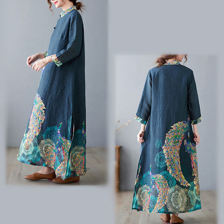 Buddha Stones、秋のカラフルな孔雀、曼荼羅、カエルボタン、七分袖コットン、レディースミディドレス - image 8