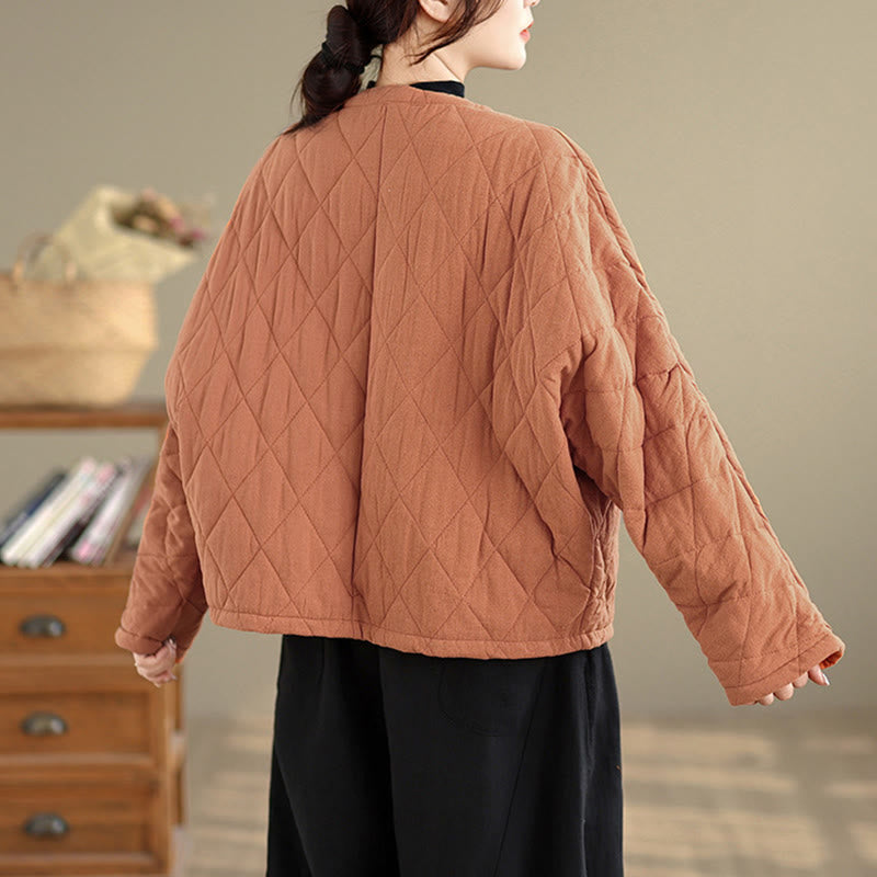 Buddha Stones冬用 カエルボタン ダイヤモンド型ライン コットン 長袖 レディース サーマルジャケット ポケット付き - image 3