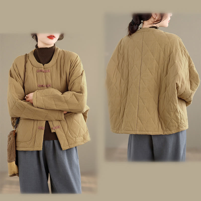 Buddha Stones冬用 カエルボタン ダイヤモンド型ライン コットン 長袖 レディース サーマルジャケット ポケット付き - image 10