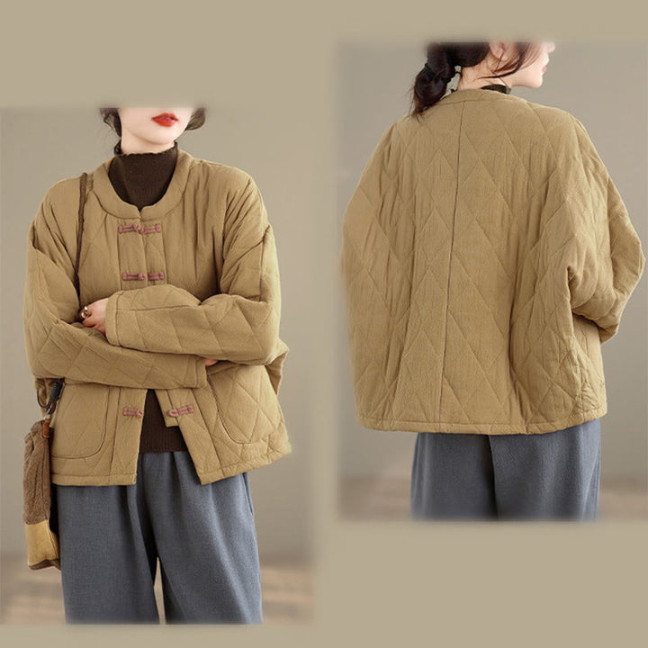 Buddha Stones冬用 カエルボタン ダイヤモンド型ライン コットン 長袖 レディース サーマルジャケット ポケット付き - image 10