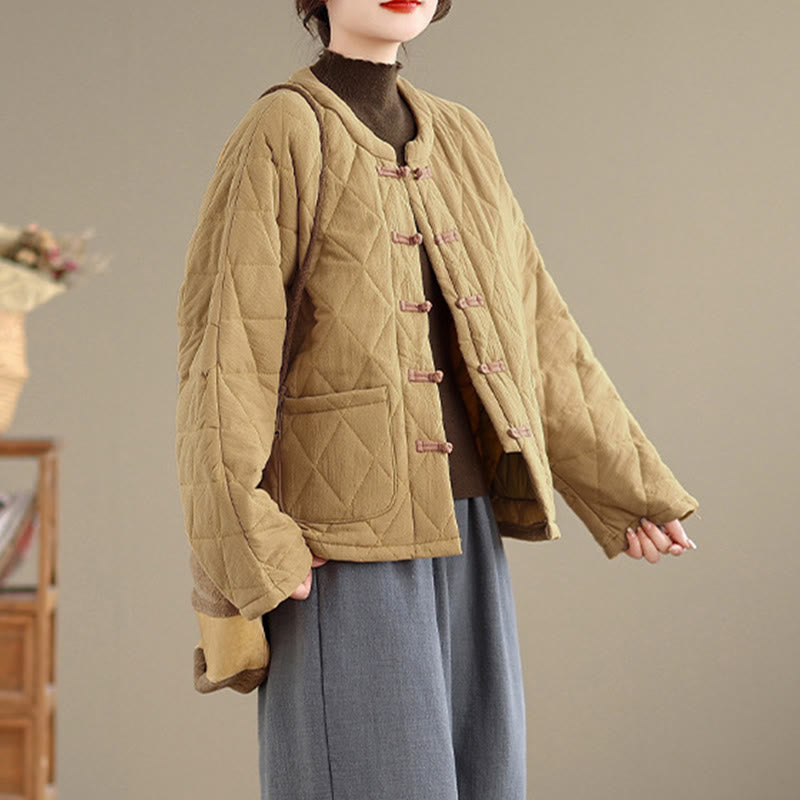 Buddha Stones冬用 カエルボタン ダイヤモンド型ライン コットン 長袖 レディース サーマルジャケット ポケット付き - image 8