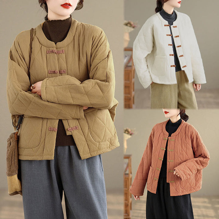 Buddha Stones冬用 カエルボタン ダイヤモンド型ライン コットン 長袖 レディース サーマルジャケット ポケット付き - image 22