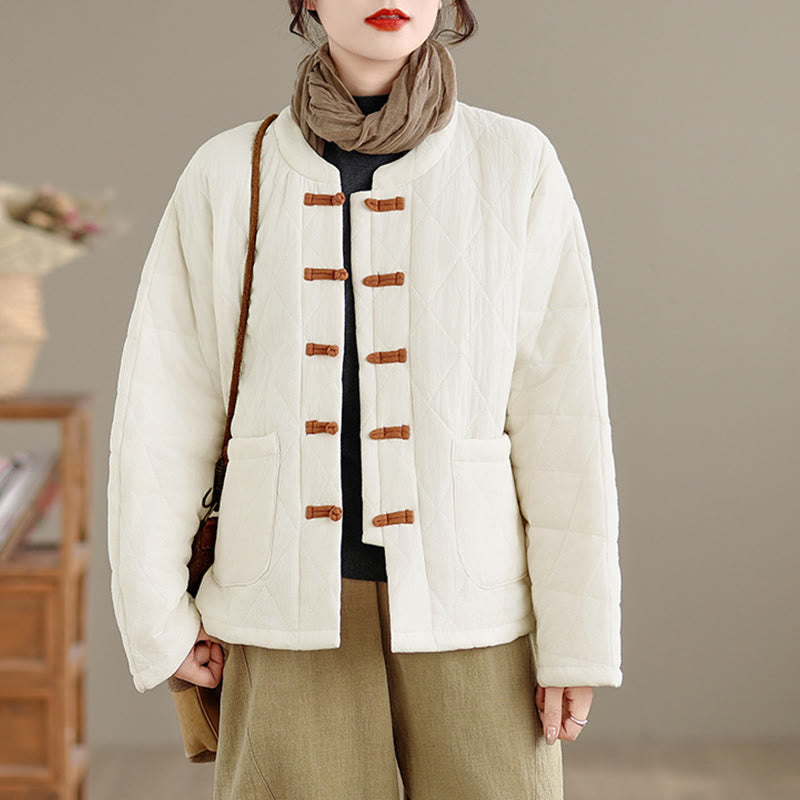 Buddha Stones冬用 カエルボタン ダイヤモンド型ライン コットン 長袖 レディース サーマルジャケット ポケット付き - image 17